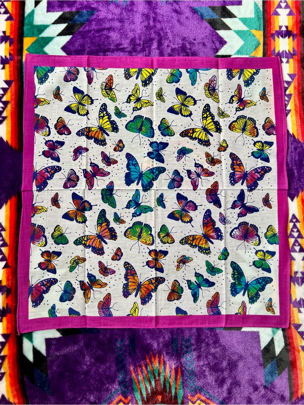 Butterfly Print Women’s Square Scarf - Purple Trim
